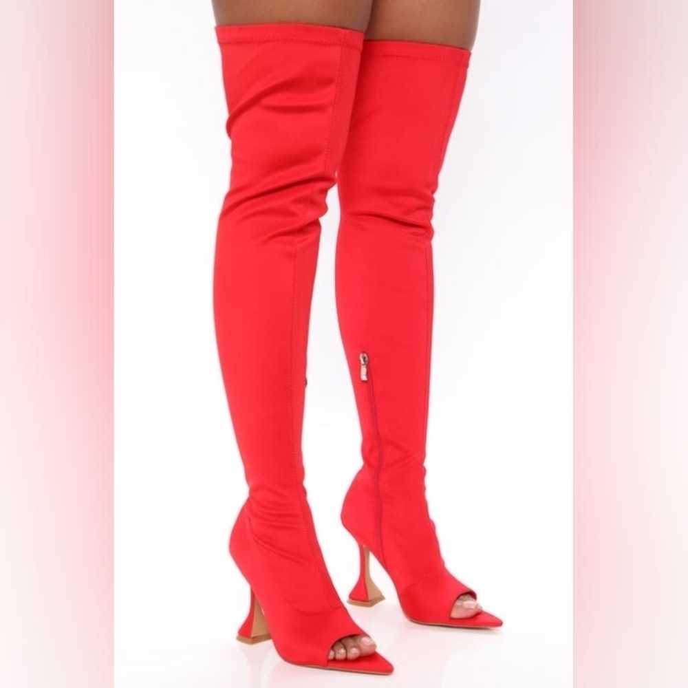 CHIC "PASSIONATE SCARLET" Red Over-the-Knee Peep Toe Boots